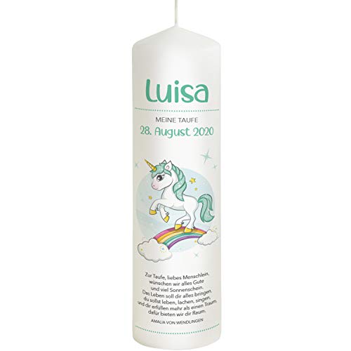 Liamoria® Taufkerze Einhorn Luisa mit Name und Datum 25 cm - Wunderschöne Taufkerze für Mädchen von Liamoria