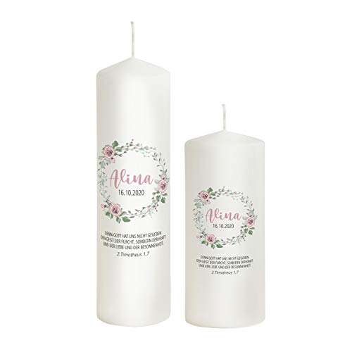 Liamoria® Taufkerze Kranz mit rosa Rosen für Mädchen personalisiert 25 cm Modell Alina - Wunderschönes Geschenk zur Taufe (mit 1 Patenkerze) von Liamoria