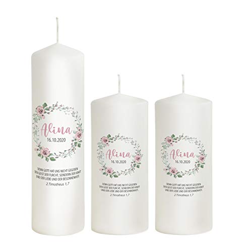 Liamoria® Taufkerze Kranz mit rosa Rosen für Mädchen personalisiert 25 cm Modell Alina - Wunderschönes Geschenk zur Taufe (mit 2 Patenkerzen) von Liamoria