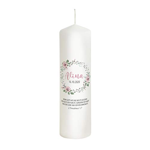 Liamoria® Taufkerze Kranz mit rosa Rosen für Mädchen personalisiert 25 cm Modell Alina - Wunderschönes Geschenk zur Taufe von Liamoria