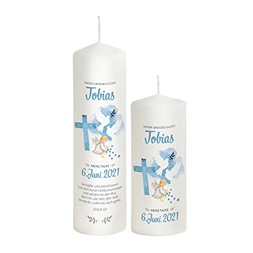 Liamoria® Taufkerze Kreuz in Blau für Jungen - 25 x 8 cm Modell Tobias - Wunderschönes Taufgeschenk (mit 1 Patenkerze) von Liamoria