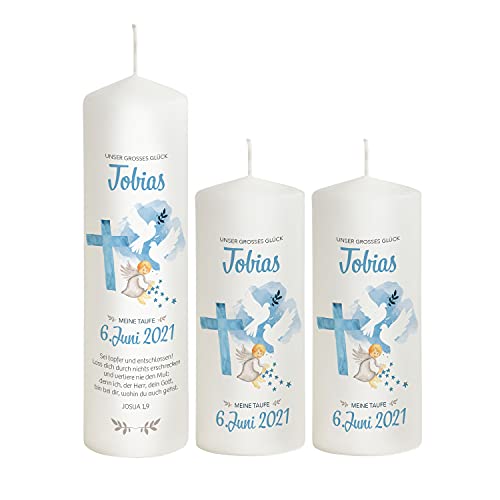 Liamoria® Taufkerze Kreuz in Blau für Jungen - 25 x 8 cm Modell Tobias - Wunderschönes Taufgeschenk (mit 2 Patenkerzen) von Liamoria