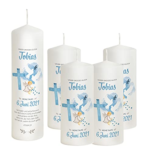 Liamoria® Taufkerze Kreuz in Blau für Jungen - 25 x 8 cm Modell Tobias - Wunderschönes Taufgeschenk (mit 4 Patenkerzen) von Liamoria
