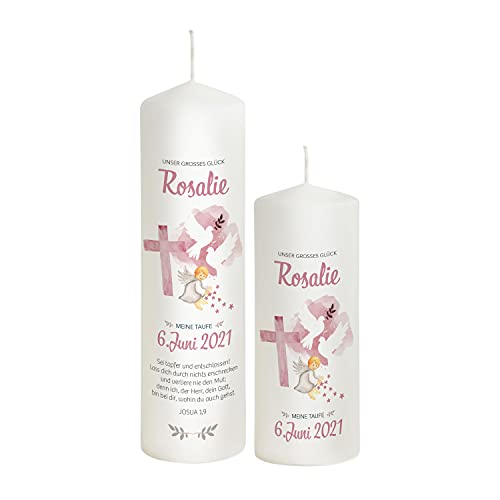 Liamoria® Taufkerze Kreuz in Rosa für Mädchen - 25 x 8 cm Modell Rosalie - Wunderschönes Taufgeschenk (mit 1 Patenkerze) von Liamoria