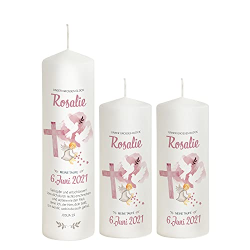 Liamoria® Taufkerze Kreuz in Rosa für Mädchen - 25 x 8 cm Modell Rosalie - Wunderschönes Taufgeschenk (mit 2 Patenkerzen) von Liamoria