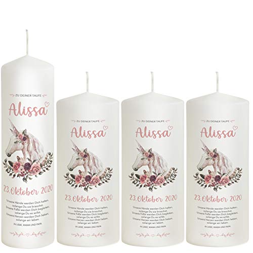 Liamoria® Taufkerze Mädchen mit Name und Datum - Modell Einhorn Alissa 25 cm - Wunderschönes Geschenk zur Taufe (mit 3 Patenkerzen) von Liamoria