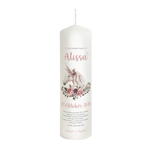 Liamoria® Taufkerze Mädchen mit Name und Datum - Modell Einhorn Alissa 25 cm - Wunderschönes Geschenk zur Taufe von Liamoria
