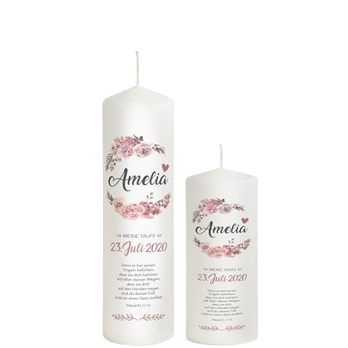 Liamoria® Taufkerze Mädchen mit Name und Datum mit Blumen in Rosa 25 cm - Modell Amelia - Personalisierte Kerze zur Taufe (mit 1 Patenkerze) von Liamoria