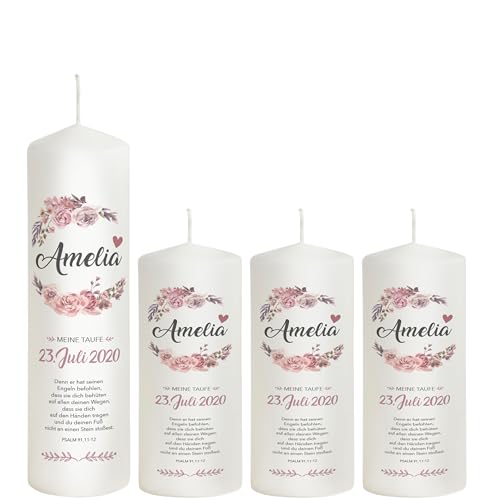 Liamoria® Taufkerze Mädchen mit Name und Datum mit Blumen in Rosa 25 cm - Modell Amelia - Personalisierte Kerze zur Taufe (mit 3 Patenkerzen) von Liamoria