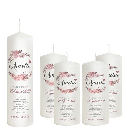 Liamoria® Taufkerze Mädchen mit Name und Datum mit Blumen in Rosa 25 cm - Modell Amelia - Personalisierte Kerze zur Taufe (mit 4 Patenkerzen) von Liamoria