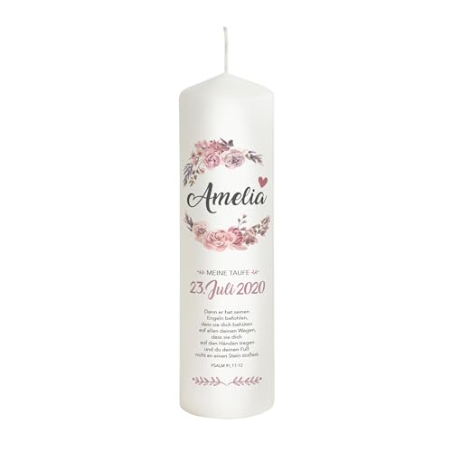 Liamoria® Taufkerze Mädchen mit Name und Datum mit Blumen in Rosa 25 cm - Modell Amelia - Personalisierte Kerze zur Taufe von Liamoria