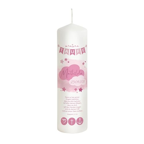 Liamoria® Taufkerze Mädchen rosa Wolken mit Name, Datum und Spruch 25 cm - Modell Mathilda - Hochwertige Kerze zur Taufe von Liamoria