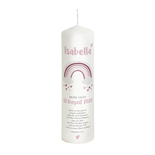 Liamoria® Taufkerze Regenbogen Rosa für Mädchen mit Name und Datum 25 cm - Modell Isabella - Einzigartiges Taufgeschenk von Liamoria