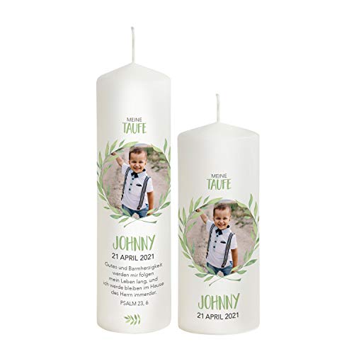 Liamoria® Taufkerze mit Foto für Jungen im Kranz 25 cm Modell Johnny - Personalisierte Fotokerze zur Taufe (mit 1 Patenkerze) von Liamoria