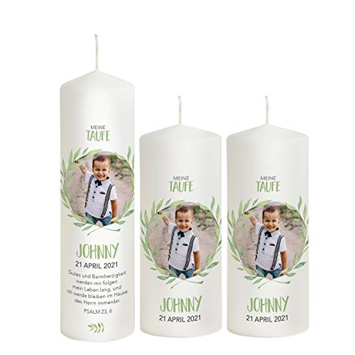 Liamoria® Taufkerze mit Foto für Jungen im Kranz 25 cm Modell Johnny - Personalisierte Fotokerze zur Taufe (mit 2 Patenkerzen) von Liamoria