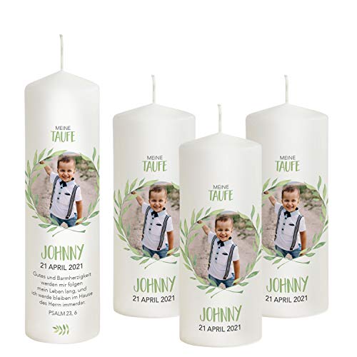 Liamoria® Taufkerze mit Foto für Jungen im Kranz 25 cm Modell Johnny - Personalisierte Fotokerze zur Taufe (mit 3 Patenkerzen) von Liamoria