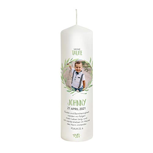 Liamoria® Taufkerze mit Foto für Jungen im Kranz 25 cm Modell Johnny - Personalisierte Fotokerze zur Taufe von Liamoria