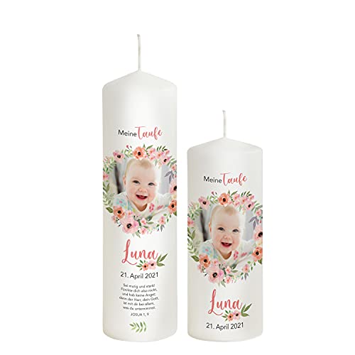 Liamoria® Taufkerze mit Foto für Mädchen im Kranz 25 cm Modell Luna - Personalisierte Fotokerze zur Taufe (mit 1 Patenkerze) von Liamoria