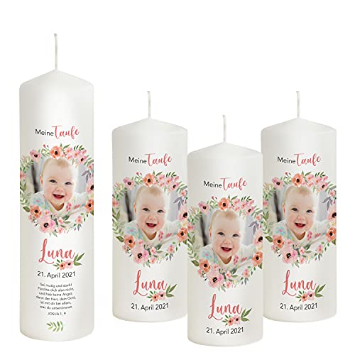 Liamoria® Taufkerze mit Foto für Mädchen im Kranz 25 cm Modell Luna - Personalisierte Fotokerze zur Taufe (mit 3 Patenkerzen) von Liamoria