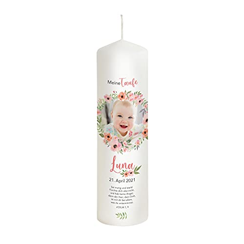 Liamoria® Taufkerze mit Foto für Mädchen im Kranz 25 cm Modell Luna - Personalisierte Fotokerze zur Taufe von Liamoria