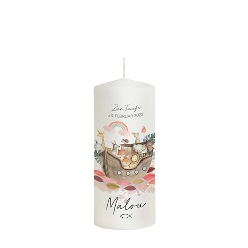 Scheinvoll® Patenkerze Arche Noah mit Regenbogen personalisiert - 20 x 8 cm Modell Malou - Geschenk zu Taufe von Liamoria