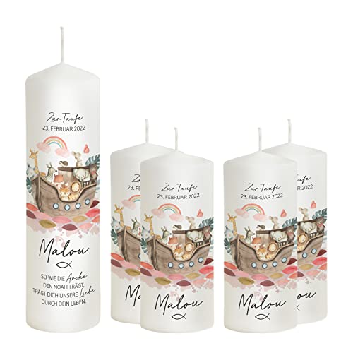 Scheinvoll® Taufkerze Arche Noah mit Regenbogen personalisiert - 25 x 8 cm Modell Malou - Geschenk zu Taufe (mit 4 Patenkerzen) von Liamoria