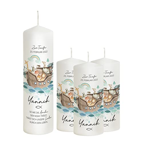 Scheinvoll® Taufkerze Arche Noah mit Regenbogen personalisiert - 25 x 8 cm Modell Yannik - Geschenk zu Taufe (mit 3 Patenkerzen) von Liamoria