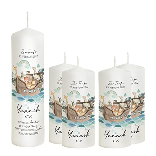 Scheinvoll® Taufkerze Arche Noah mit Regenbogen personalisiert - 25 x 8 cm Modell Yannik - Geschenk zu Taufe (mit 4 Patenkerzen) von Liamoria