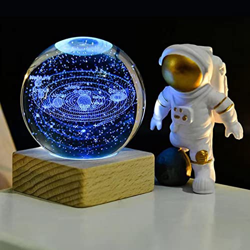 3D Kristallkugel Nachtlicht, USB 3D Sonnensystem Planeten Kristallkugel Nachtlicht Kreative Nachtszene Astronomie LED Ball Lampe,Mit Holzsockel, 3D Solar System Crystal Ball, Valentinstag Geschenke von Liamostee