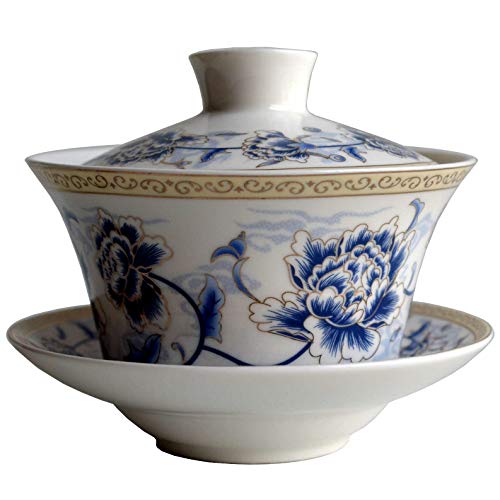 Chinesische Porzellan-Teetassen, 7 Unzen, Gaiwan-Teetasse, Pony-Blumen-Terrine, Tradition, Sancai-Abdeckung, Schüssel, Lippentasse, Untertasse, blaue Seide, blaue Pfingstrose) von Liang baobao