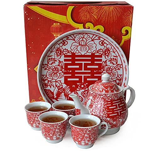 Chinesisches Tee-Geschenkset aus Porzellan, Teekanne mit 4 Tassen, Tablett für Erwachsene, Männer und Frauen, Teezeremonie, Hochzeit, Party, Heimdekoration (doppeltes Glück) von Liang baobao