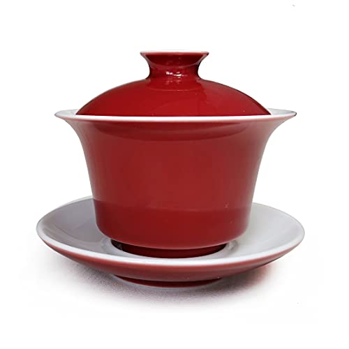 Porzellan Gaiwan 150 ml Teetasse, weiß, glasiert, Tureen, chinesische Sancai-Abdeckung, Schüssel, Deckel, Untertasse, Set (rot) von Liang baobao