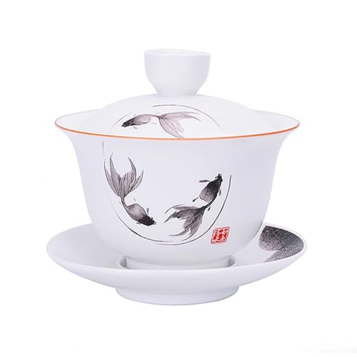 Porzellan Gaiwan 237 ml Teetasse weiß glasiert Terrine chinesische Sancai Abdeckung Schüssel Lippentasse Untertasse Set (Fisch) von Liang baobao