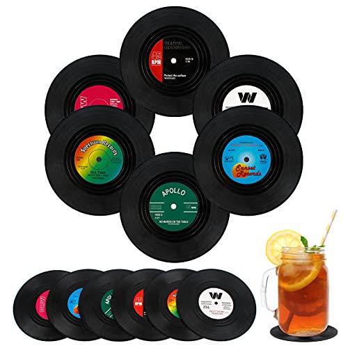 Glasuntersetzer 12 Stück Vinyl Schallpaltten Untersetzer Retro Getränkeuntersetzer Runde Tassenuntersetzer Isolierte Kaffe Untersetzer Deko Glasuntersetzer Set für Bar Büro Haushalt (Schwarz) von LiangDian