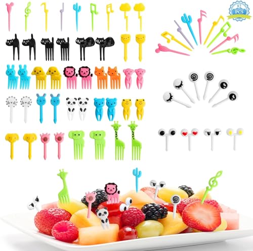 Kinder Obstgabeln 82 Stück Mini Cartoon Zahnstocher, Wiederverwendbare Tiere Obstspieße aus Plastik, Bento Kinder Essenspicker für Kuchen Dessert Obst Partyzubehör (33 Stile) von LiangDian