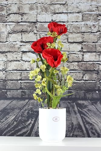 Liatris Floristik Mohn Pflanze mit roten Blüten, hochwertiges Kunstblumen-Gesteck im stilvollen Keramik-Topf in weiß, Seidenblume wie echt, Moderne Dekoration 60 cm groß von Liatris Floristik