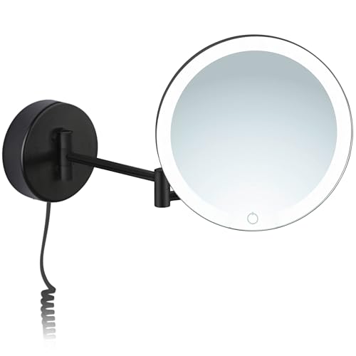 Libaro LED beleuchteter Kosmetikspiegel Ravenna Vergrößerungsspiegel rund 7-Fach Vergrößerung Schmink-Spiegel mit Beleuchtung Wandmontage Dimmer Auto-Off Kabel Rasierspiegel mit Licht (schwarz) von Libaro