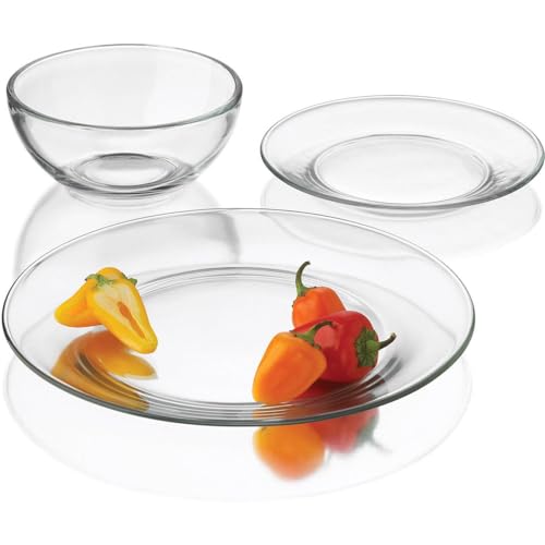 Libbey 12-teiliges Geschirr-Set aus klarem Glas – 4 x 26,7 cm Speiseteller, 4 x 19,1 cm Salat-/Dessertteller und 10,2 x 15,2 cm Suppen-/Müslischalen, rund, glattes Glas, spülmaschinenfest von Libbey