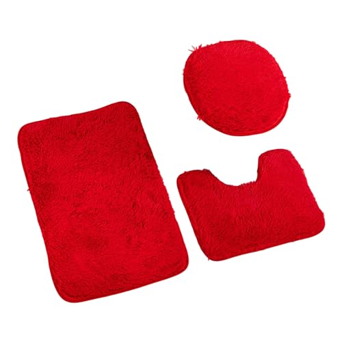 Libcflcc Ultraweiches 3-teiliges Badezimmerteppich-Set, einfarbig, gestreift, rutschfest, saugfähig, hautfreundlich, Plüsch-Badematte, Rot von Libcflcc