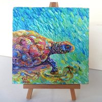 6 Ölgemälde Auf Holzplatte, Sonnige Meerlandschaft Mit Schildkröte, Original Impasto Gemälde von LiberArtShop