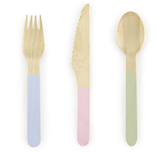18-teilig Einwegbesteck Set Pastell Farben Holzgabeln Holzmesser Holzlöffel nachhaltiges Einwegbesteck Holz für Party Camping Hochzeit Geburtstag Besteck einweg aus Holz Pastellfarben von Libetui