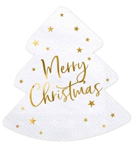 20er Pack Servietten Tannenbaum Merry Christmas Servietten Weiß Gold in Form von Weihnachtsbaum Christbaum Deko Weihnachtsparty Weihnachtsdeko von Libetui