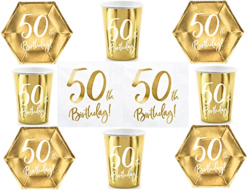 44 tlg. Set Geschirr 50. Geburtstag Partygeschirr 50 Jahre Teller Servietten Becher Gold Pappgeschirr Party 50 Geburtstag, für 12 Personen von Libetui