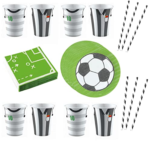 48 Teile Set Geschirr Fußball Kicker Party Geburtstag EM WM Fußballtreff Teller Becher Servietten Party Geschirrset aus Papier Kinder und Erwachsene für bis zu 8 Personen von Libetui