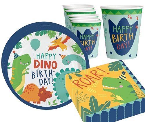 Geschirr Dino Geschirrset Dinosaurier Party Kindergeburtstag Dino Teller Becher Servietten Tischdecke Dino Geburtstag Geschirr 32 Teile, für 8 Kinder von Libetui