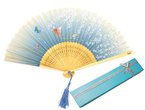 Libetui Handfächer Vintage Japan Stil Fächer aus Bambus und Stoff Dekofächer Kostüm Theater Sommer Feste Hochzeit Deko Hand fan Geschenkbox Farbe Hellblau von Libetui