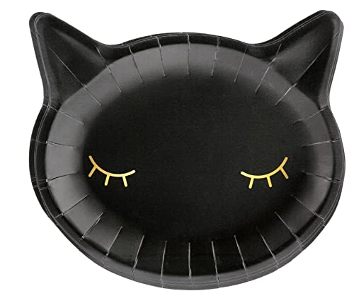 Libetui Set 6 Teller Katze Schwarz Geschirrset Partygeschirr Katzengeburstag Katzenparty Geburtstag Kinder Erwachsene Einweg-geschirr für 6 Personen von Libetui