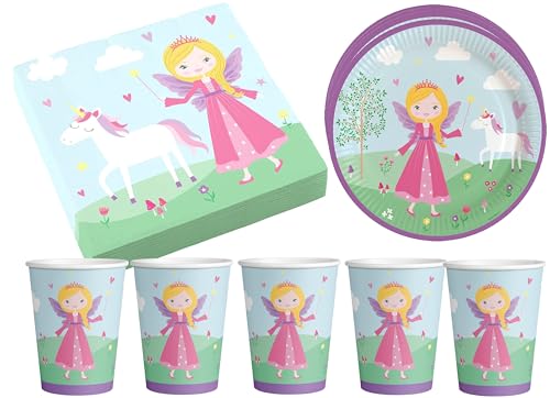 Set Geschirr Prinzessin und Einhorn 36 Teile aus Papier für Kindergeburtstag Teller Becher Servietten Prinzessin Party Deko Geburtstag Mädchen von Libetui