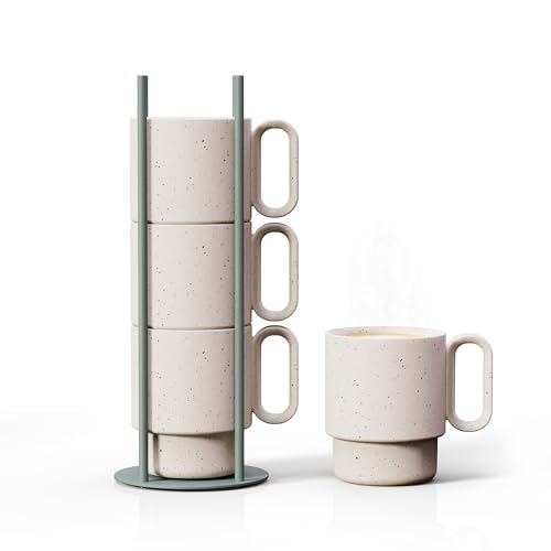 Libken Stapelbare Kaffeetassen mit grünem Ständer, Keramikbecher mit einzigartiger Streuoptik, pulverbeschichtetes Metallgestell für platzsparende Aufbewahrung, spülmaschinenfest, mikrowellen- und von Libken