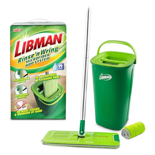 Libman Rinse 'n Wring Mop und Eimer-System | Mikrofaser-Bodenwischer | Hartholz-Bodenreiniger | Nass- und Trockenmopp | saubere und schmutzige Wasserkammern | Rakelklingen | 2 Mikrofaser-Pads von Libman